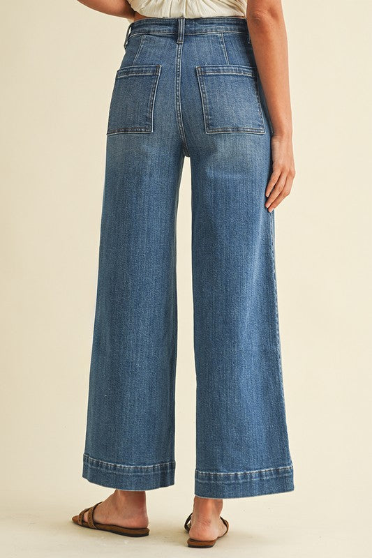 Stretch High Rise Pin Tuck Detail Wide Leg Jean