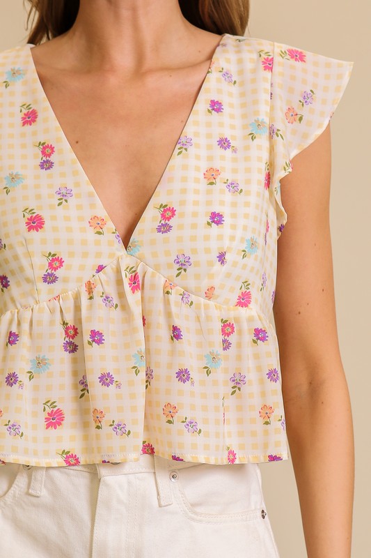 Gingham Floral Print Baby Doll Top- Yellow