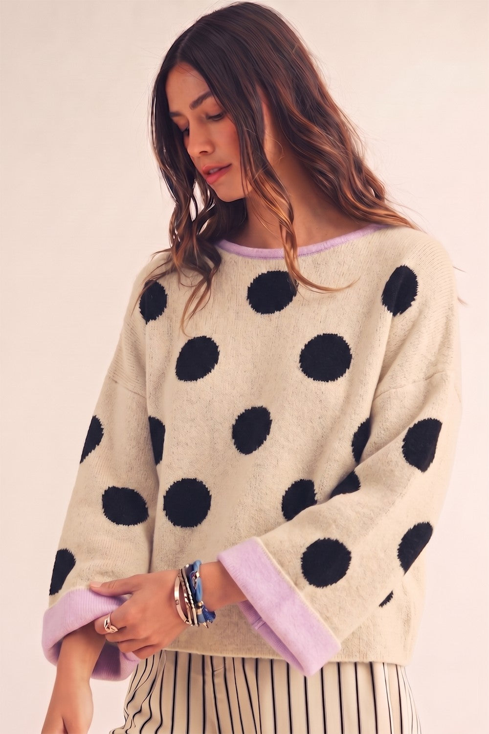 Polka Dots Contrast Cuff Sweater