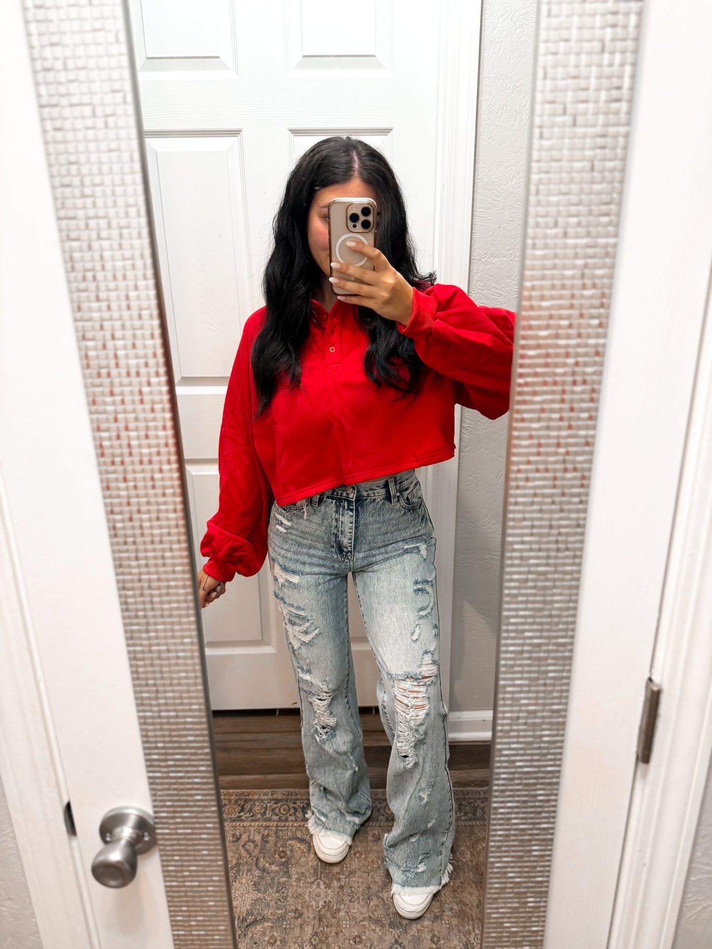 Cropped Collared Pullover Sweatshirt- Red