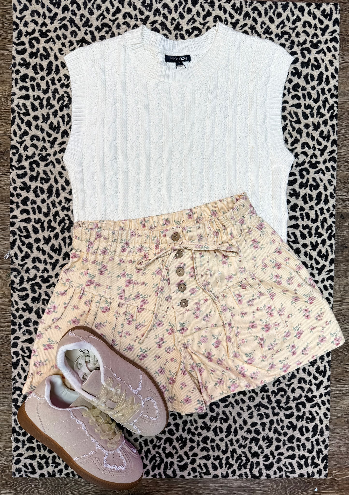 Floral Print Denim Pintuck Elastic Waist Shorts