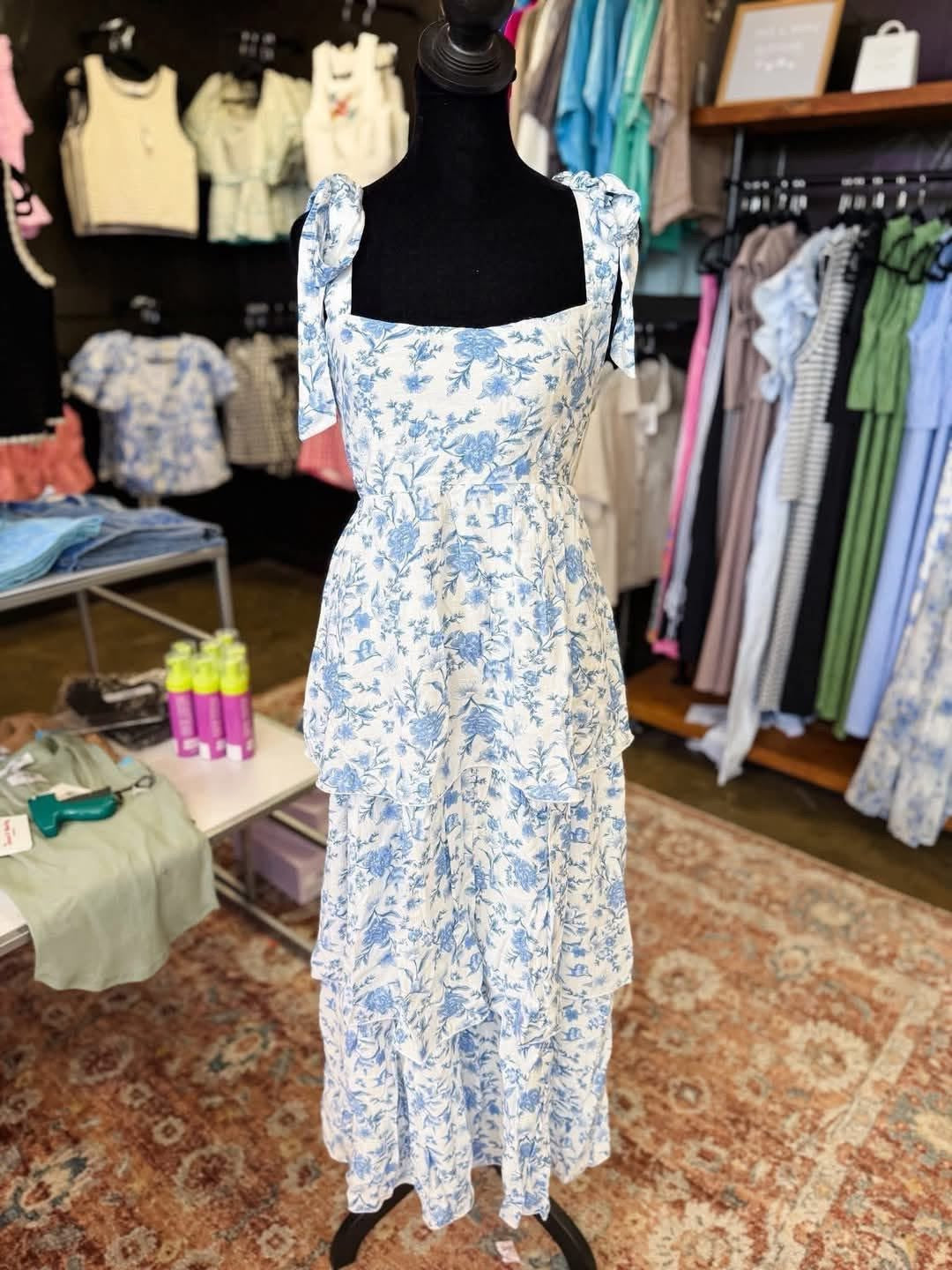 Floral Tiered Midi Dress-Blue