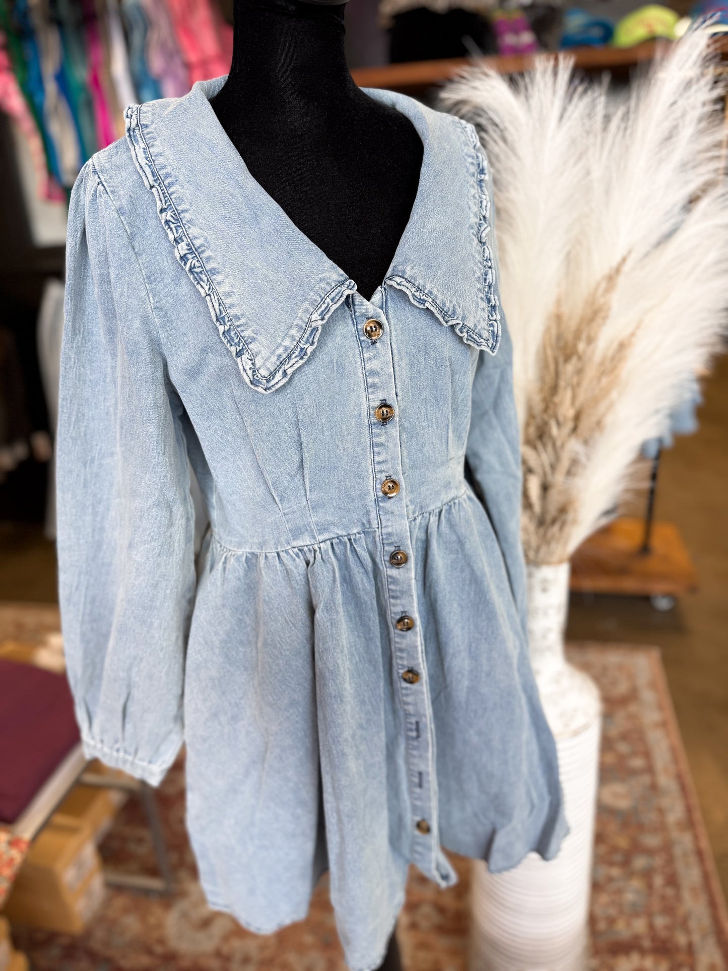 Washed Denim Collar Mini Dress - Soft Denim & Ruffle Collar