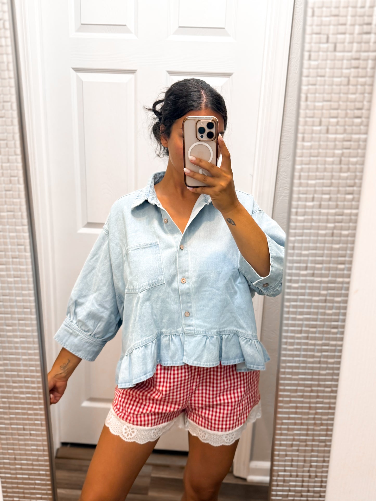 Washed Denim Ruffled Top