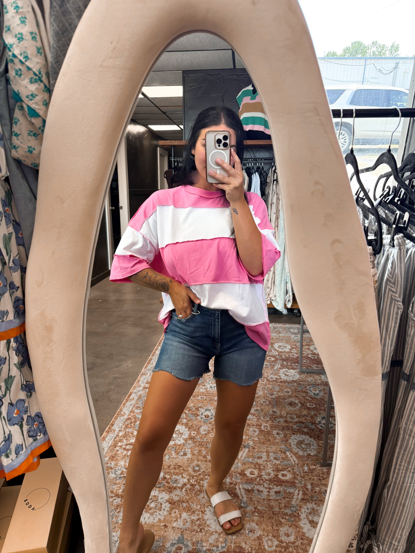 Polly Color Block Top - Pink & White Tee