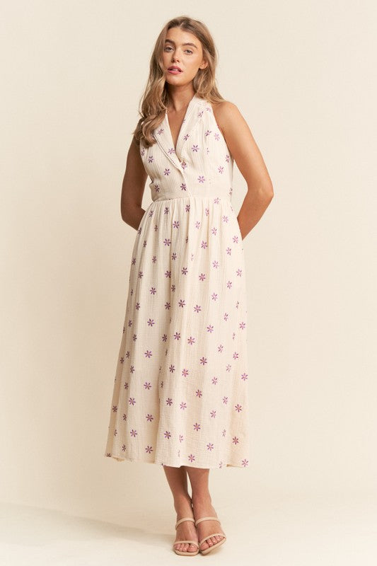 Collar Halter Neck Embroidery Midi Dress
