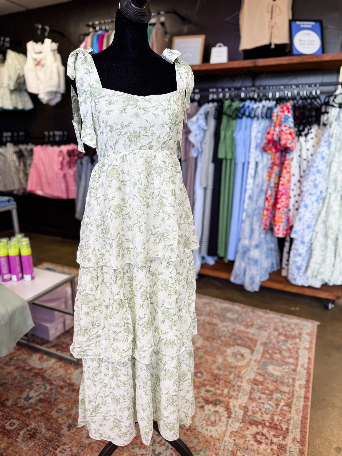 Floral Tiered Midi Dress-Sage