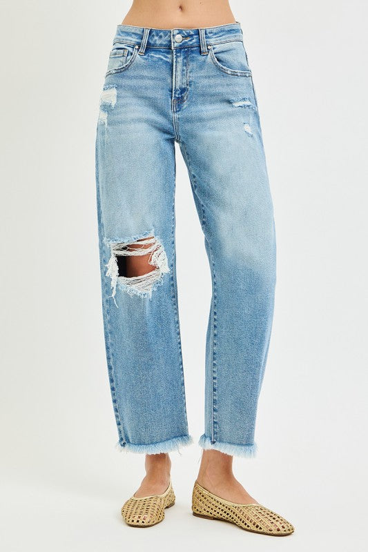 High Rise Crop Barrel Distressed Jeans- Risen