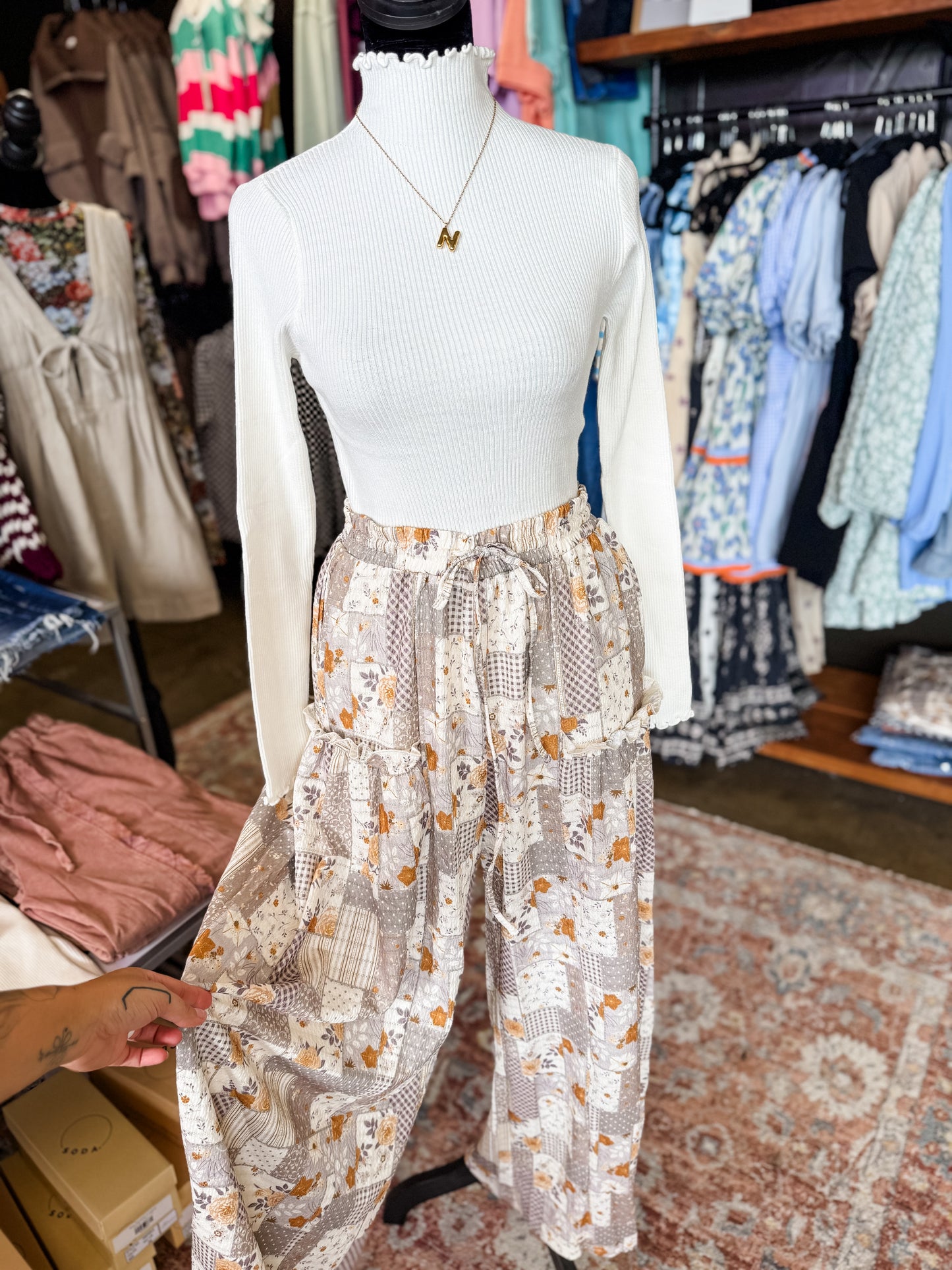 Patchwork Print Boho Wide Leg Pants