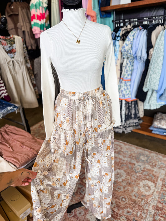 Patchwork Print Boho Wide Leg Pants