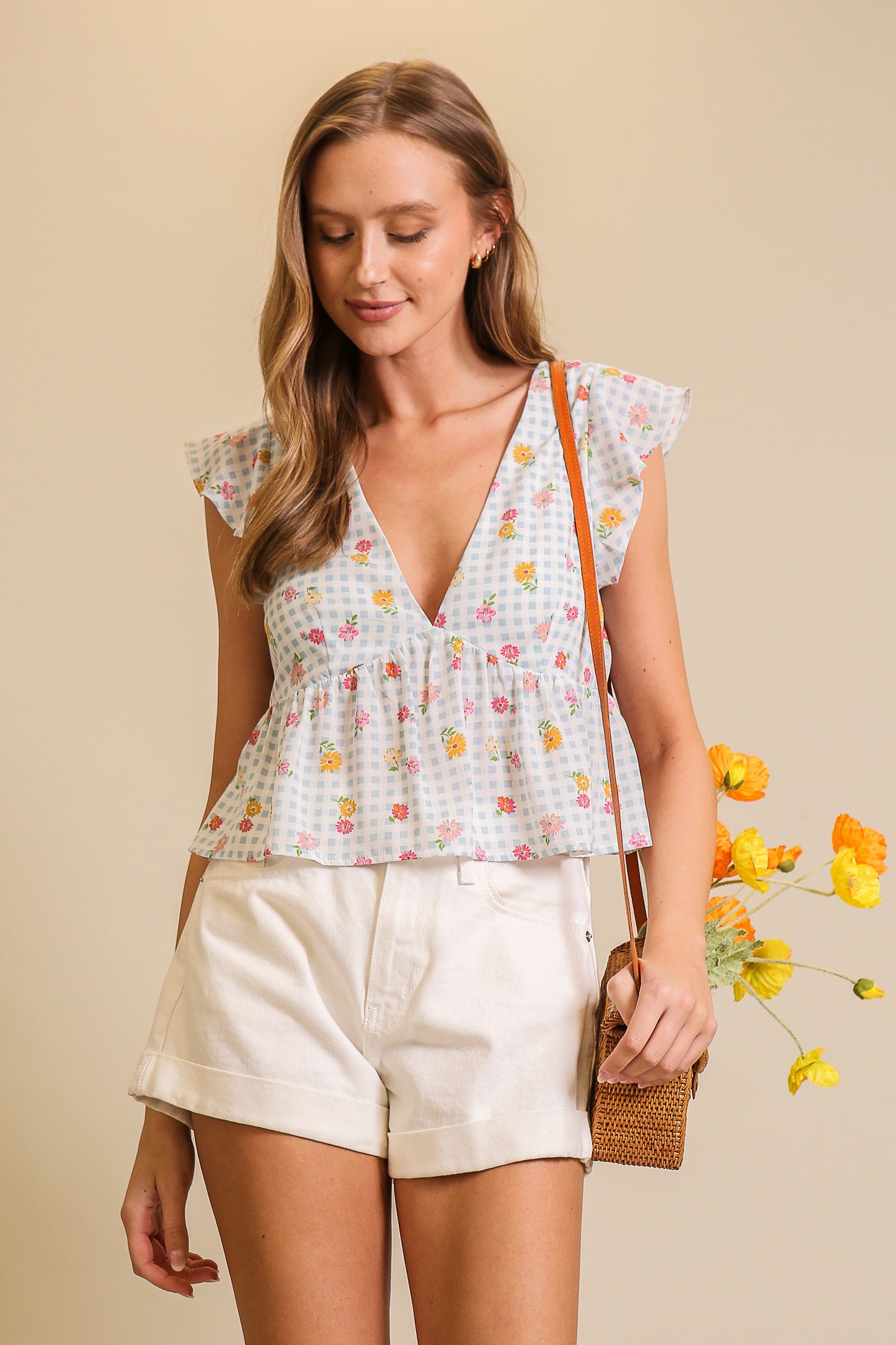 Gingham Floral Print Baby Doll Top- Blue
