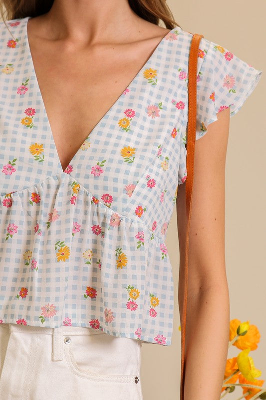 Gingham Floral Print Baby Doll Top- Blue