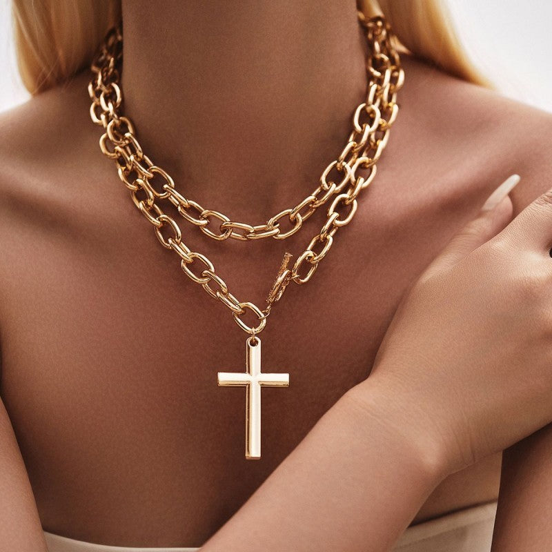 Cross Chunky Chain Statement Toggle Necklace