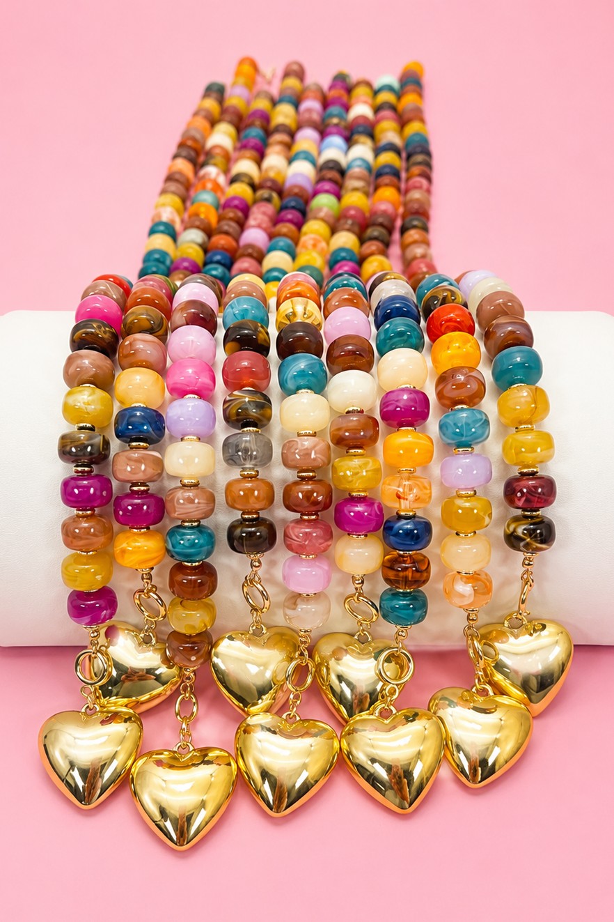 Multi Beaded Heart Charm Toggle Necklace