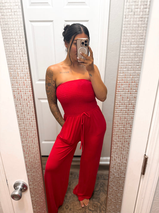 Smocked Wide Leg Jumpsuit-Red