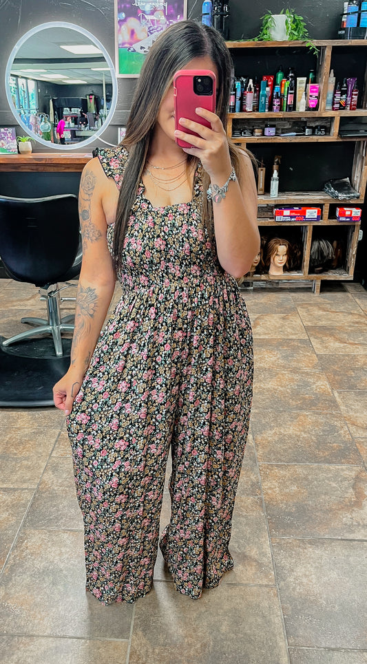 Vintage Floral Jumpsuit-Black/Pink