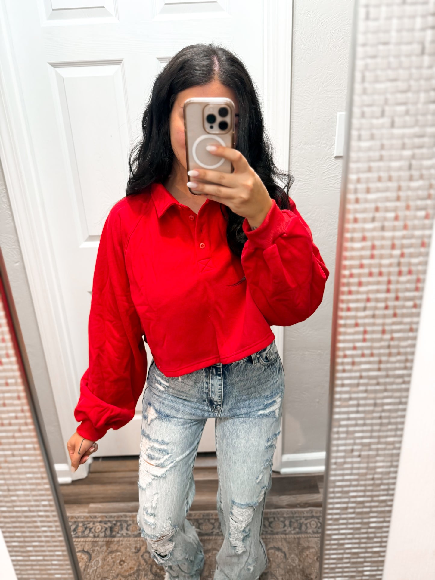 Cropped Collared Pullover Sweatshirt- Red