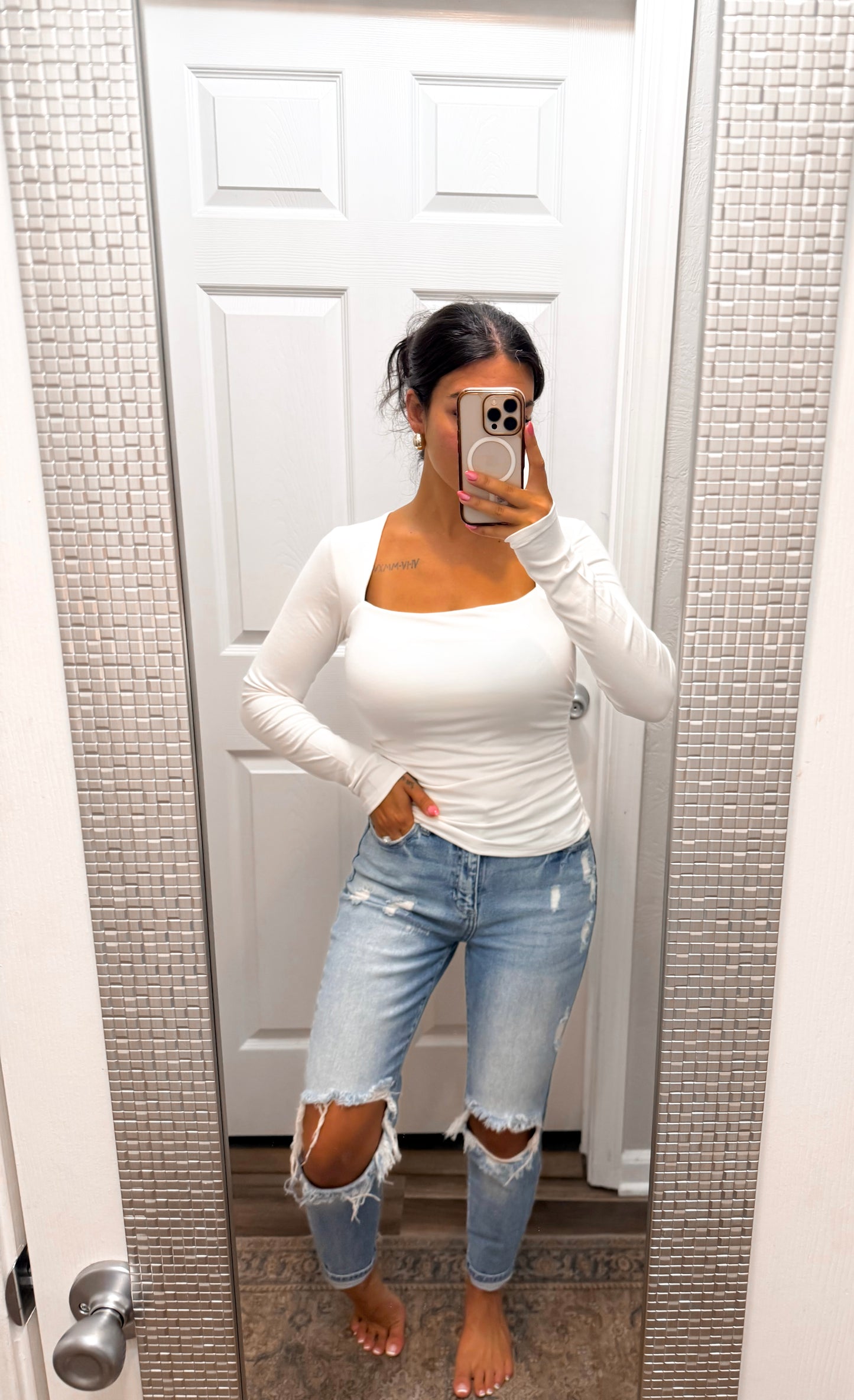 Fall Staple Square Neck Top-White