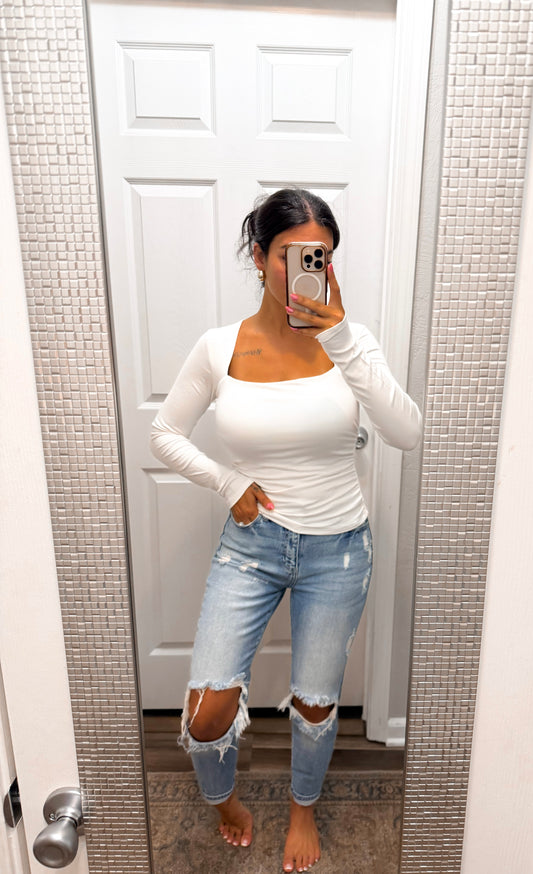 Fall Staple Square Neck Top-White