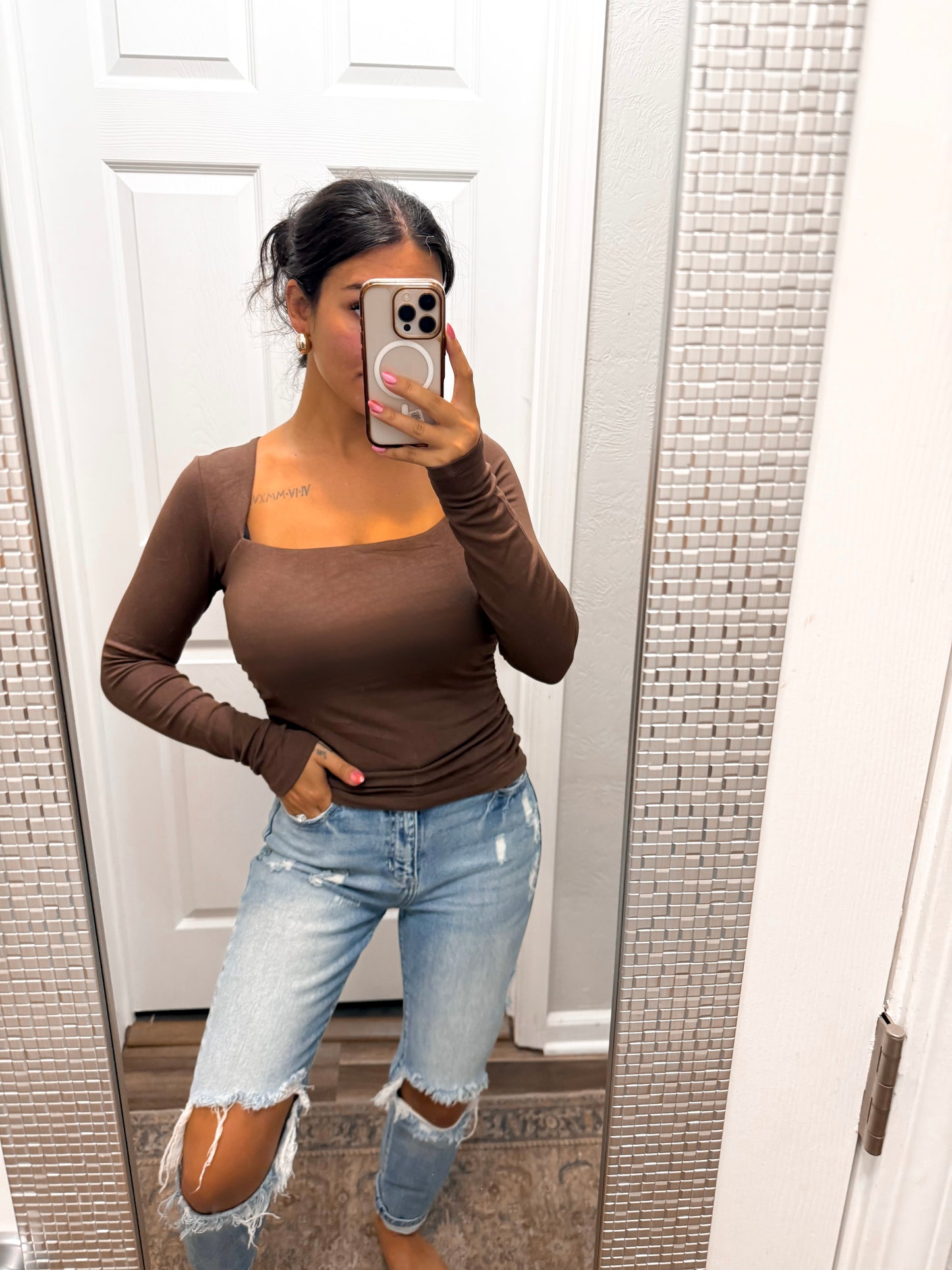 Fall Staple Square Neck Top-Brown
