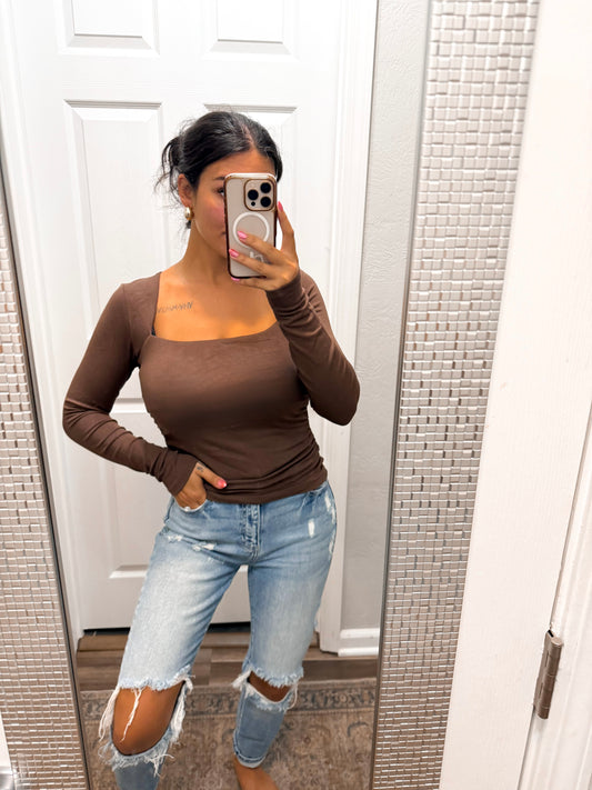Fall Staple Square Neck Top-Brown