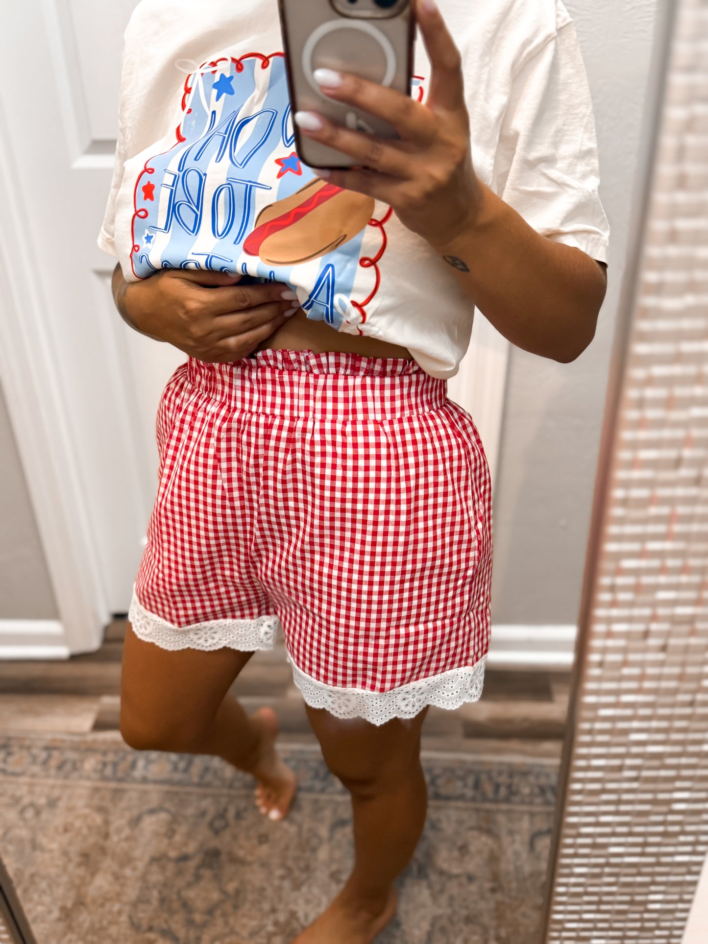 Red Gingham Lace Shorts