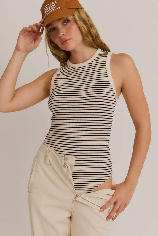 Stripe Bodysuit - Round Neck Sleeveless Top