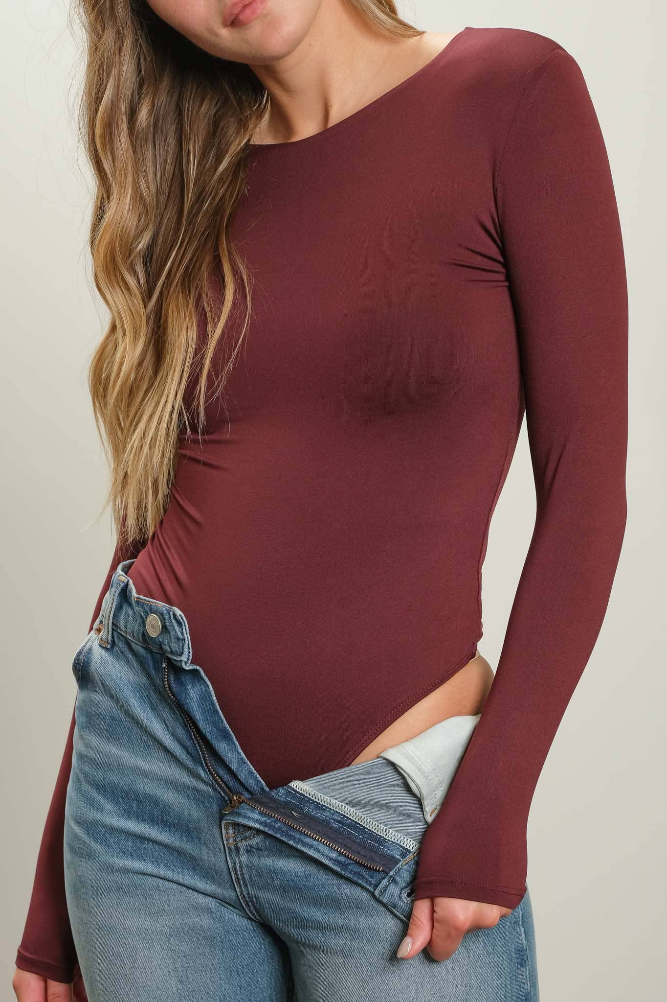 SOLID ROUND NECK LONG SLEEVE BODYSUIT: DEEP TAUPE