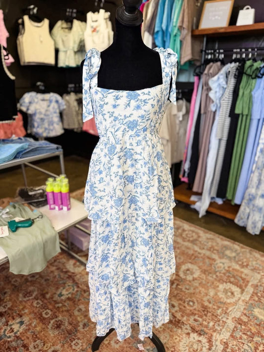 Floral Tiered Midi Dress-Blue