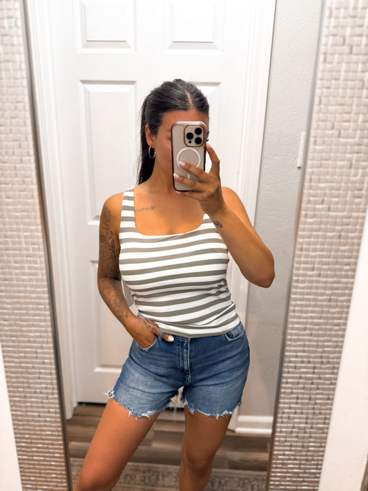 Sage Striped Tank- BUILT IN BRA!