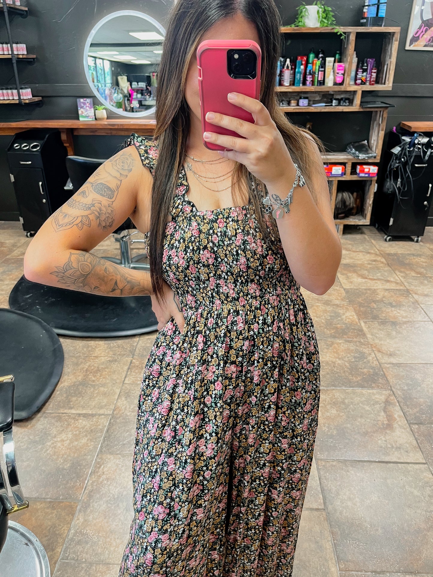 Vintage Floral Jumpsuit-Black/Pink