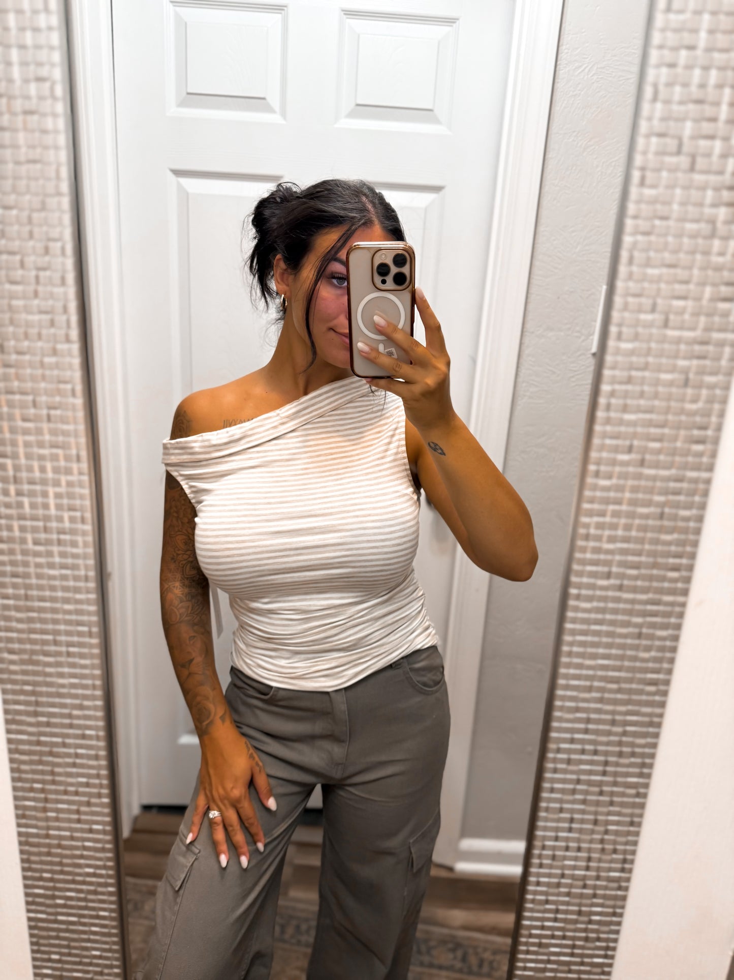 Striped One Shoulder Ruched Knit Top