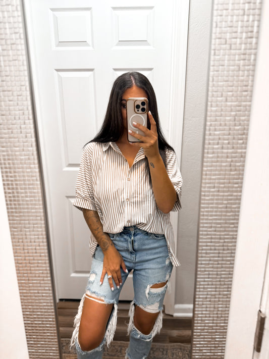 Striped Oversized Top- Taupe