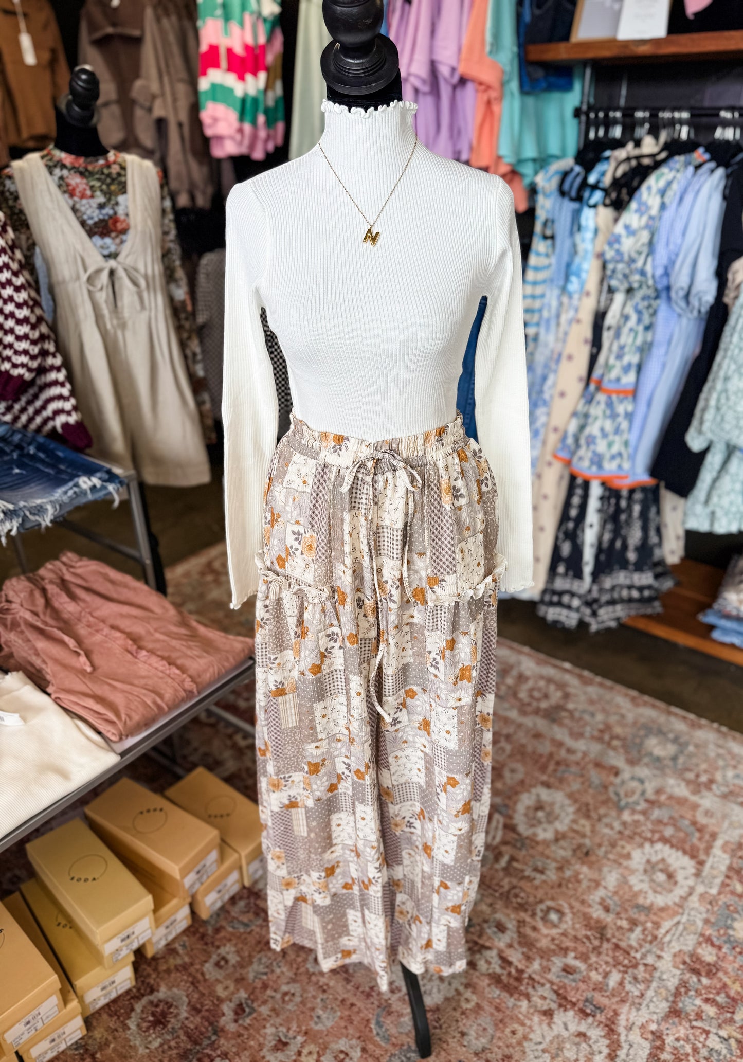 Patchwork Print Boho Wide Leg Pants