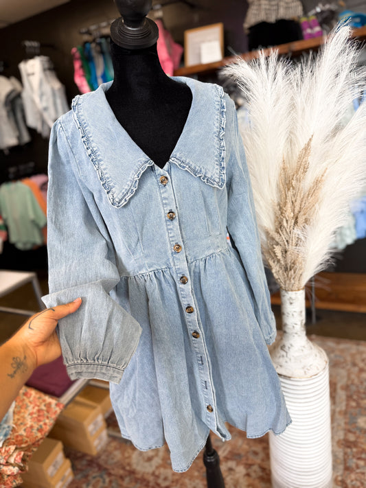Washed Denim Collar Mini Dress - Soft Denim & Ruffle Collar