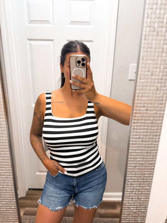 Black Striped Tank- BUILT IN BRA!