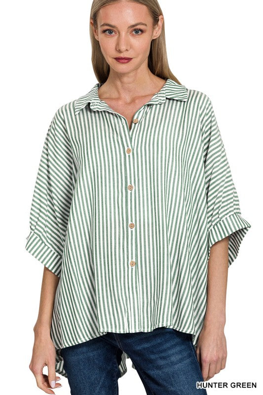 Oversized Striped Button Up- GREEN