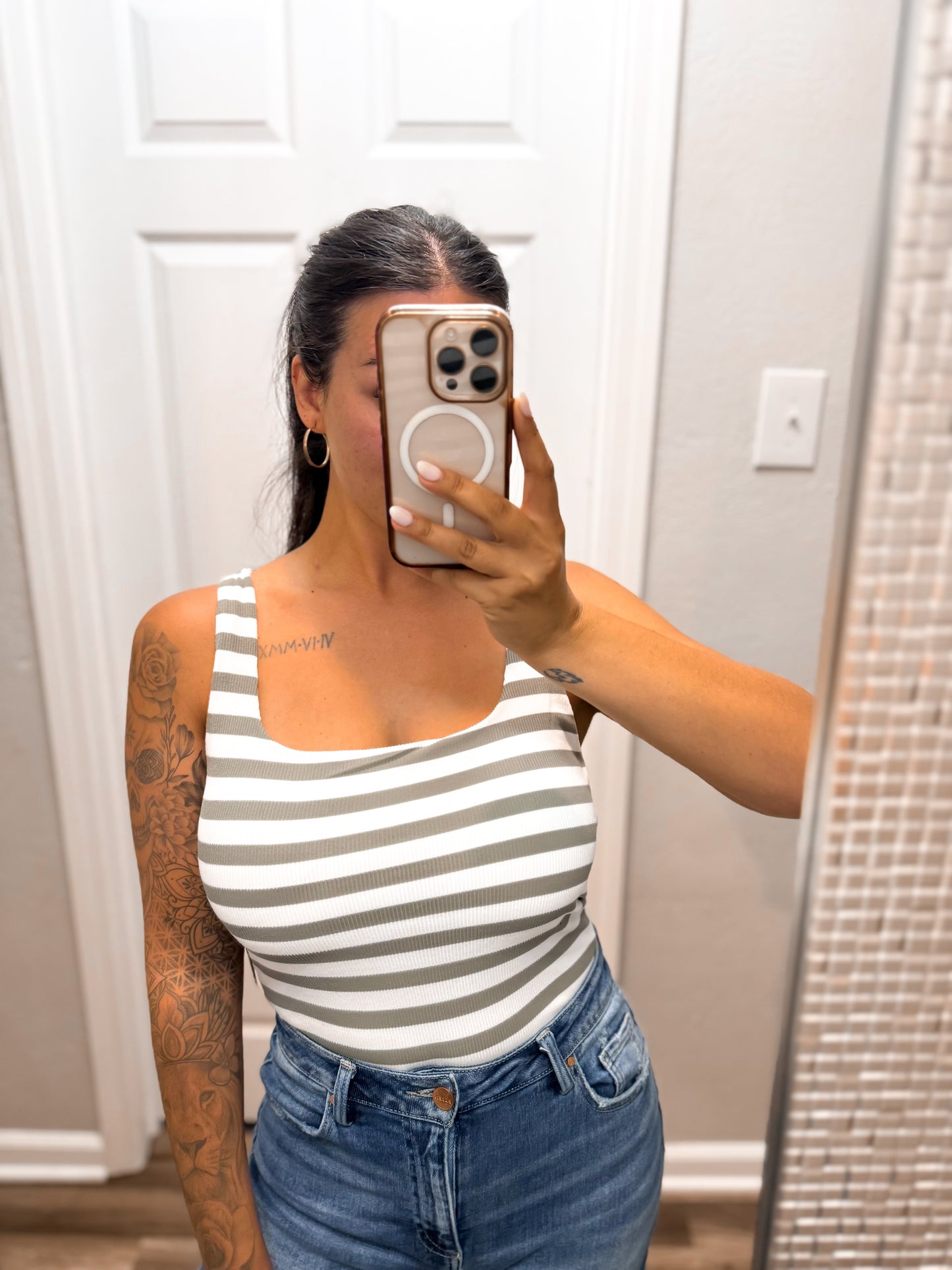 Sage Striped Tank- BUILT IN BRA!