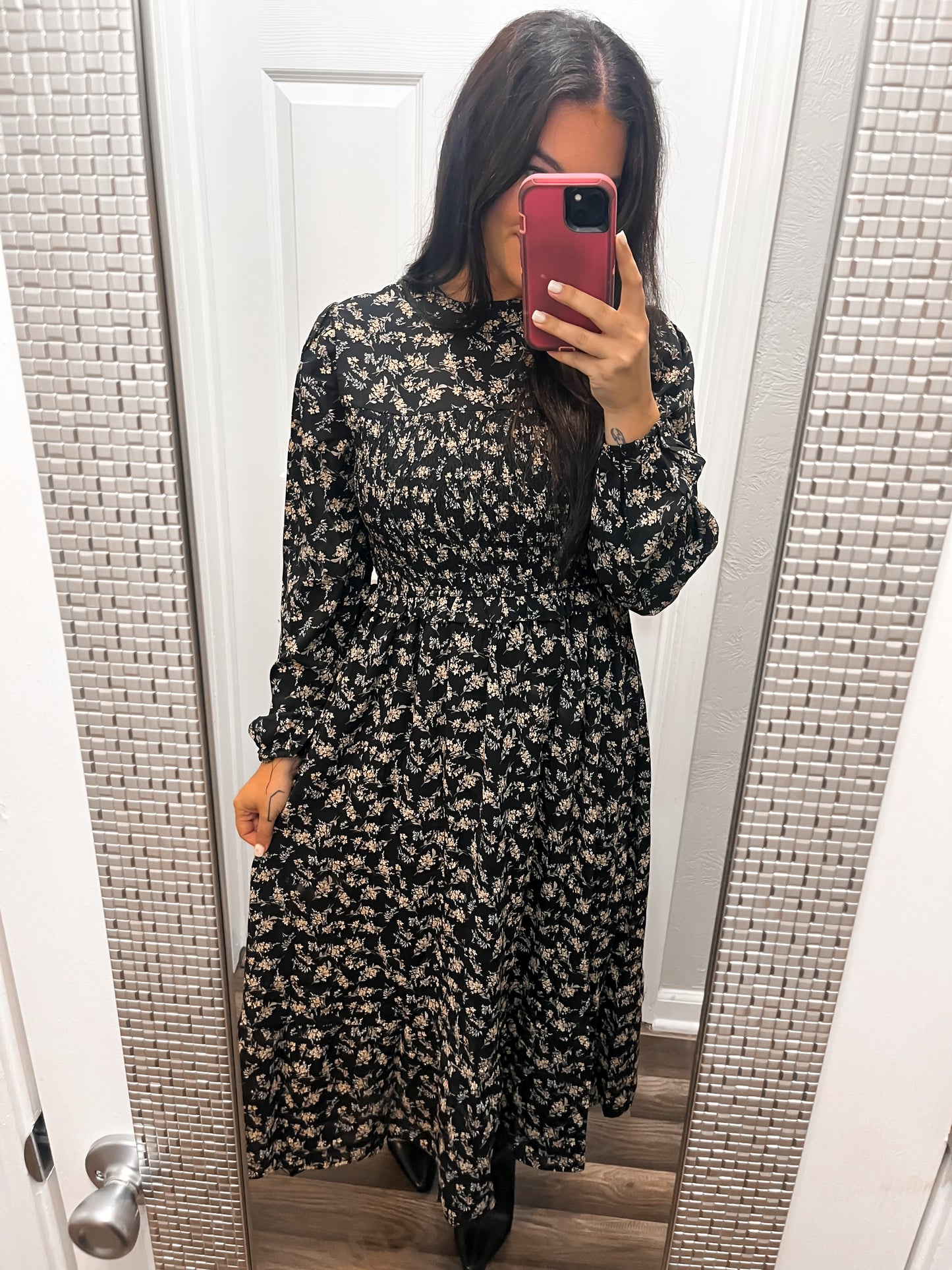 Mock Neck Floral Printed Midi Dress