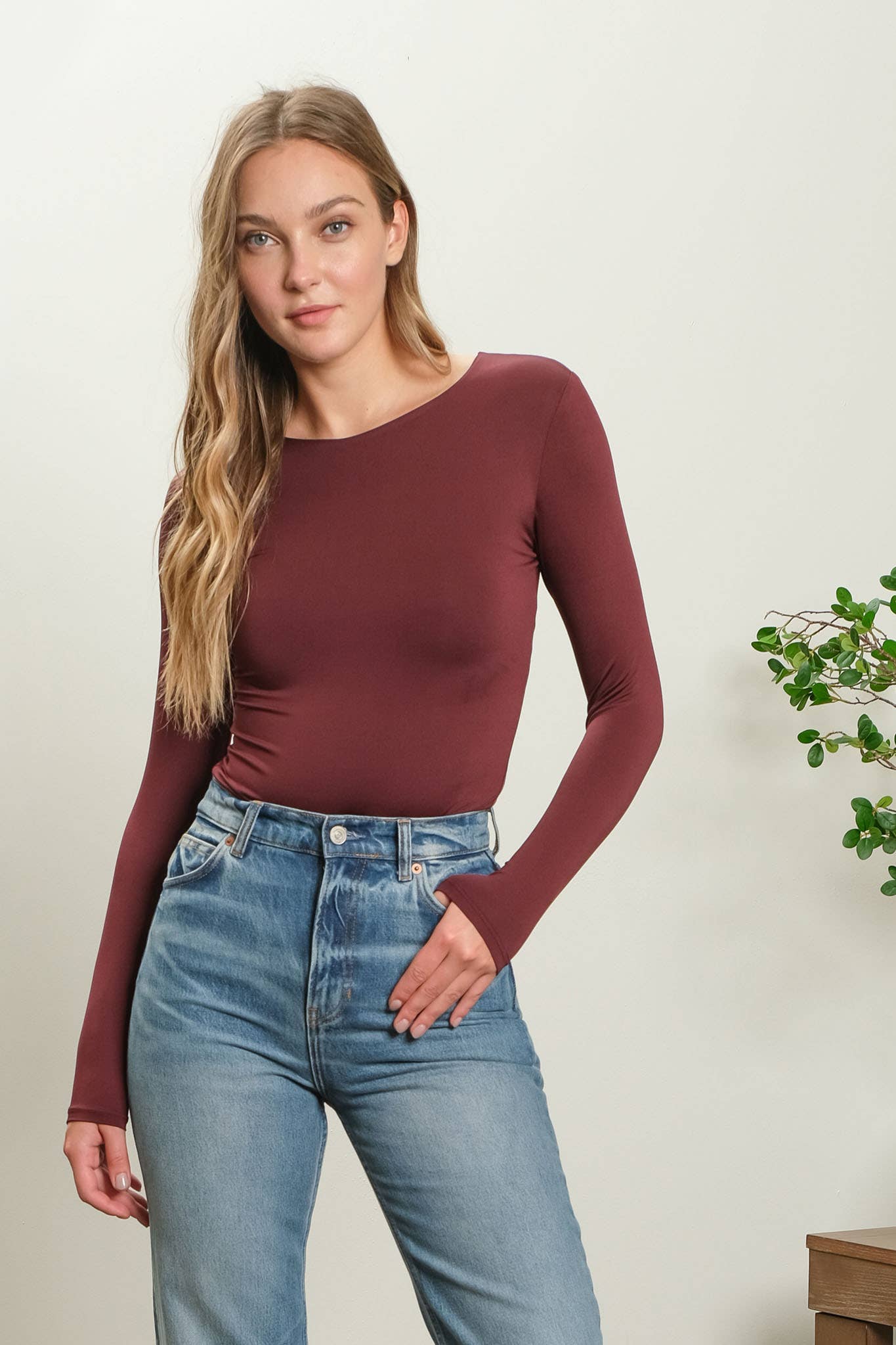 SOLID ROUND NECK LONG SLEEVE BODYSUIT: DEEP TAUPE