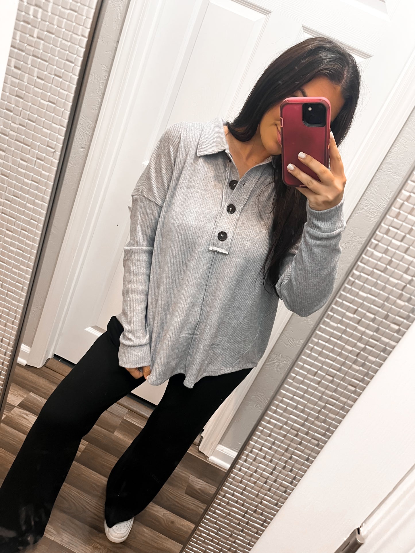 Collared Button Sweater-Heather Grey