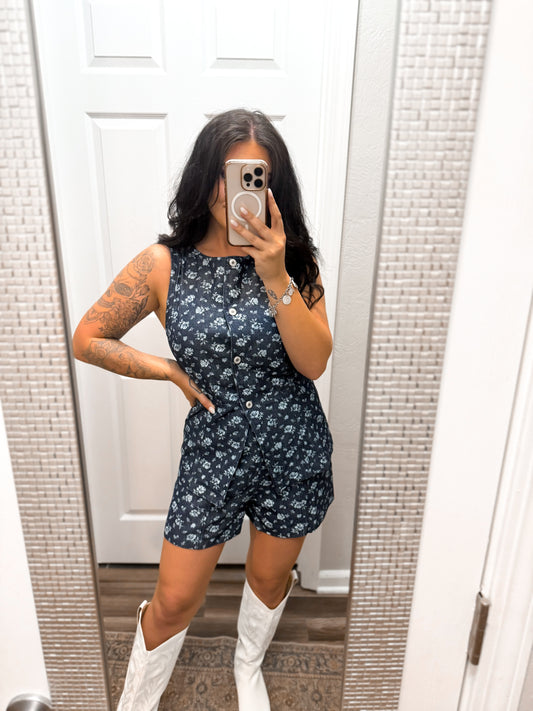 Floral Print Button Down Denim Vest And Shorts Set