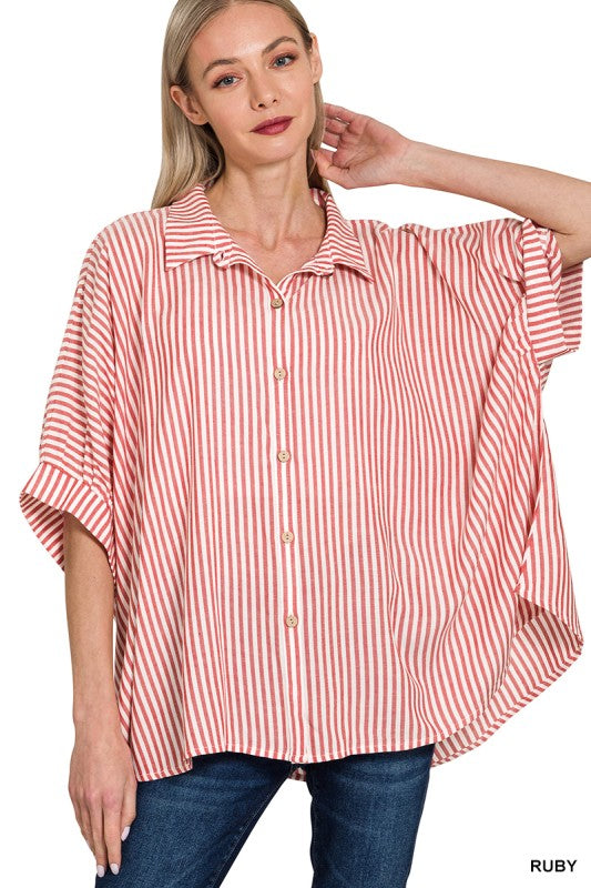 Oversized Striped Button Up- RED
