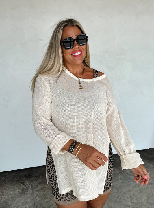 Beige Mesh Top - Breathable Knit, Relaxed Fit
