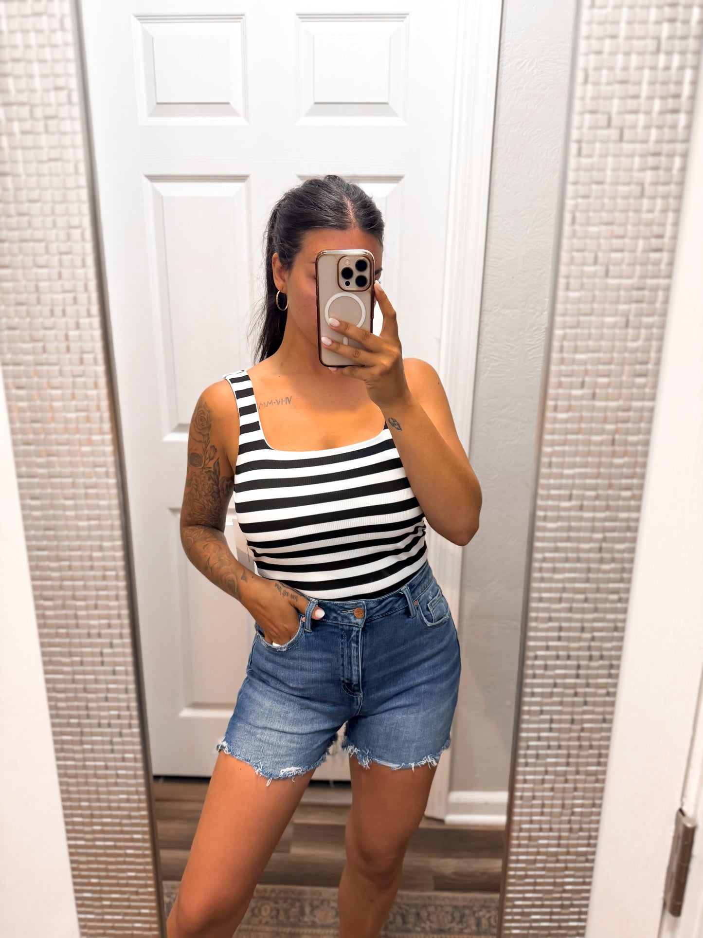 Black Striped Tank- BUILT IN BRA!