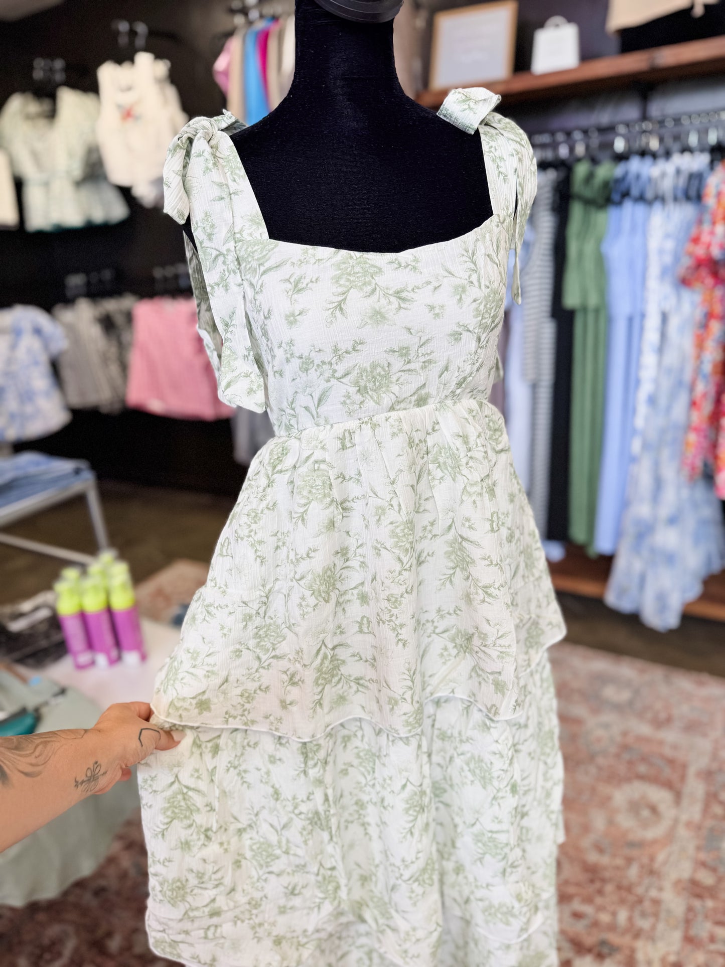Floral Tiered Midi Dress-Sage