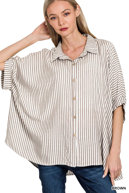 Oversized Striped Button Up- BROWN