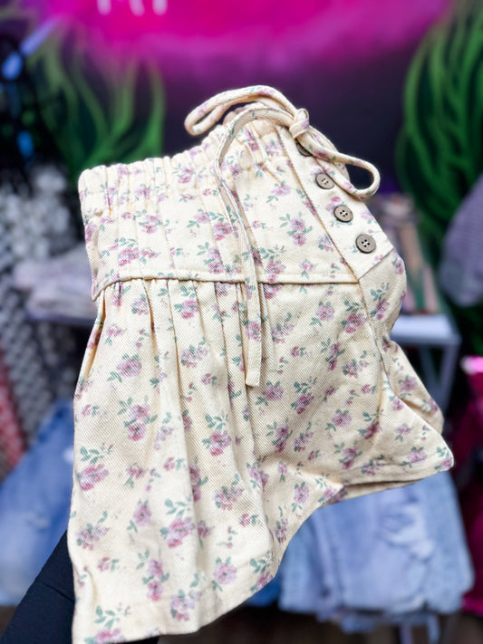 Floral Print Denim Pintuck Elastic Waist Shorts