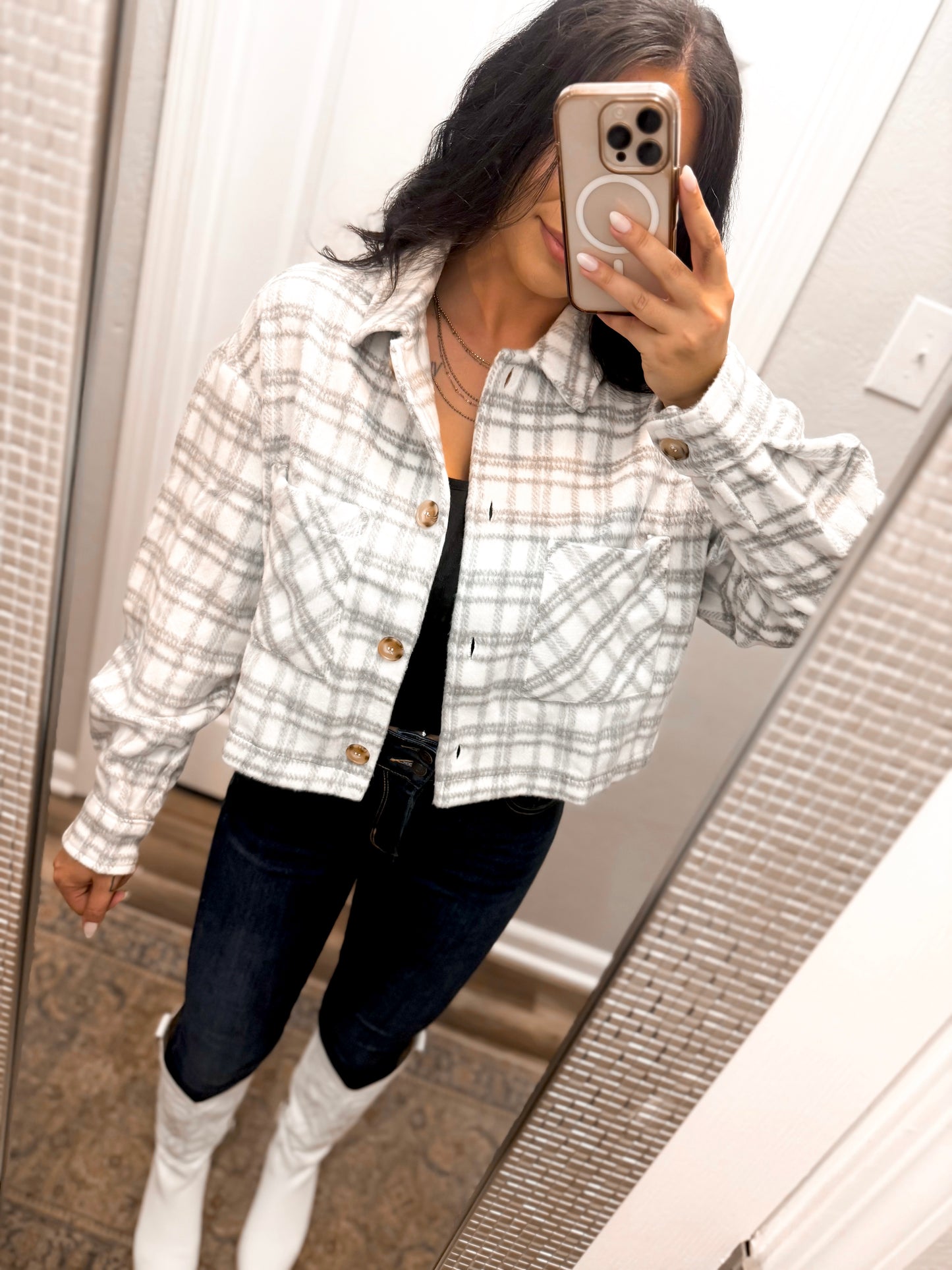 Plaid Button Down Jacket- Grey