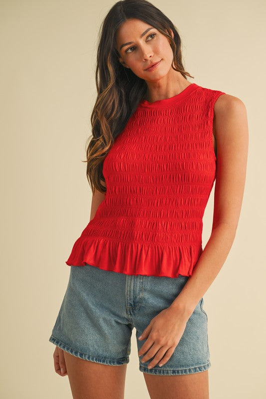 Smocked Ruffle Hem Knit Tank Top